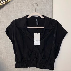 Zara Cropped Cinched Waist Black Button-Up Top